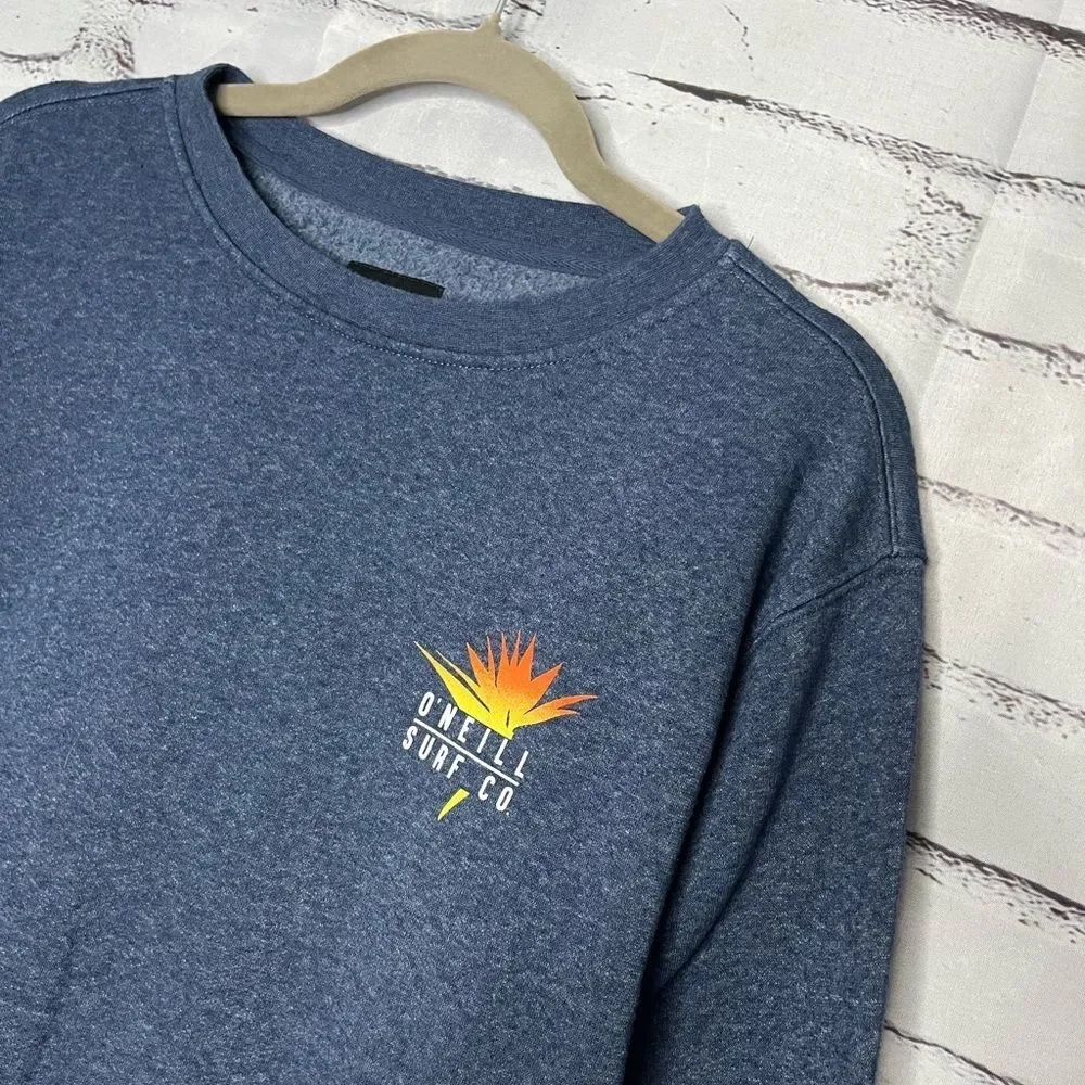 O'Neill Blue Crewneck Graphic Surf Sweater with Ribbed Cuffs Beach SZ L Unisex